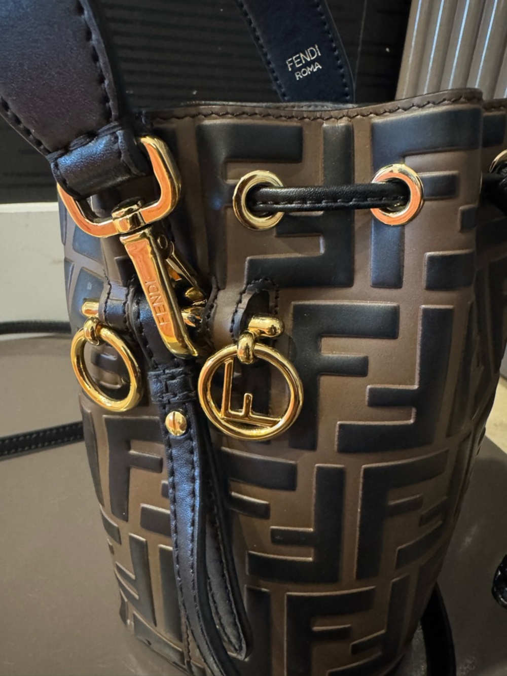 Fendi Brown FF Logo Mini Bucket Bag with Gold Hardware - Picture 7 of 12